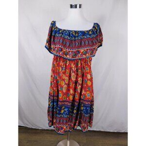 Red Blue Boho Floral Off-Shoulder Midi Dress 3XL - Peasant Flutter Sleeve